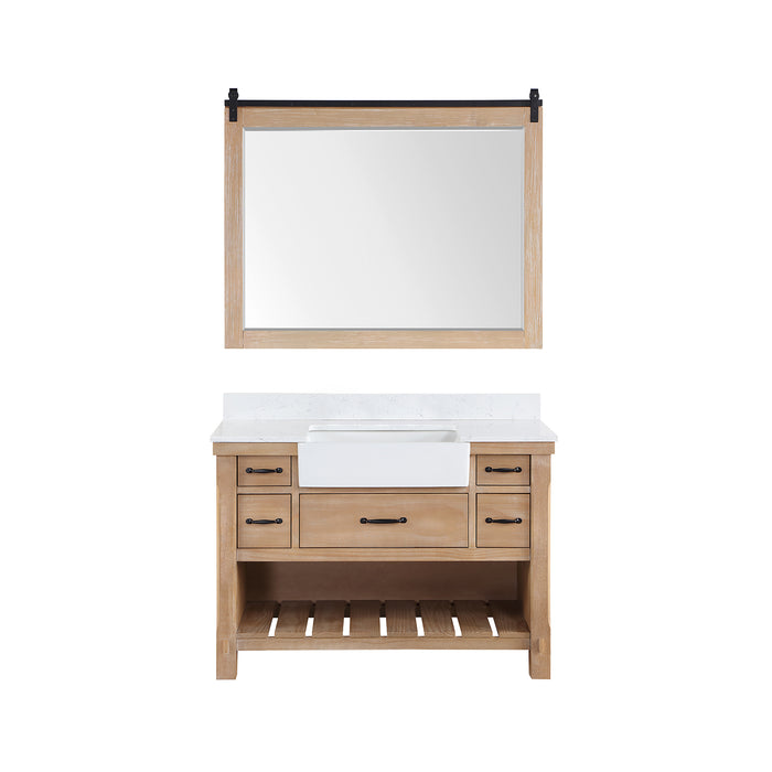 Villareal 48" Single Bath Vanity in Weathered Pine with Composite Stone Top in White, White Farmhouse Basin and Mirror