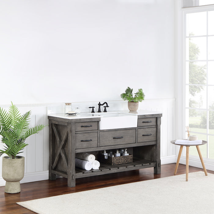 Villareal 60" Single Bath Vanity in Classical Grey with Composite Stone Top in White, White Farmhouse Basin