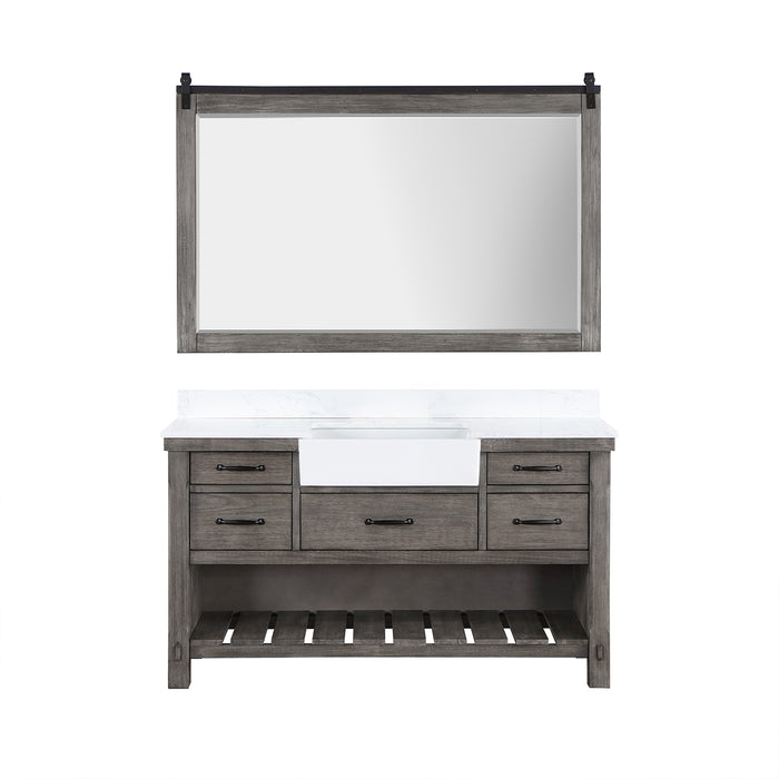 Villareal 60" Single Bath Vanity in Classical Grey with Composite Stone Top in White, White Farmhouse Basin and Mirror