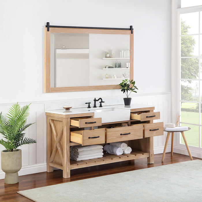 Villareal 60" Single Bath Vanity in Weathered Pine with Composite Stone Top in White, White Farmhouse Basin and Mirror