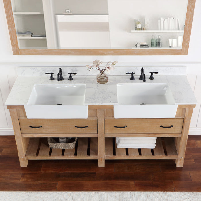 Villareal 72" Double Bath Vanity in Weathered Pine with Composite Stone Top in White, White Farmhouse Basin and Mirror