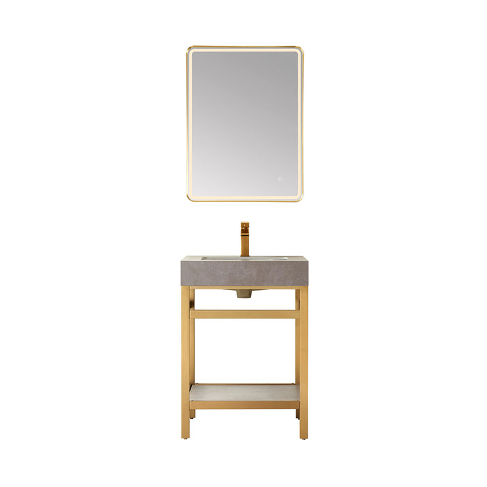 24-Inch Jovia Vanity Set – Gold Metal Stand with Grey Stone Surface & Compact Design with Mirror