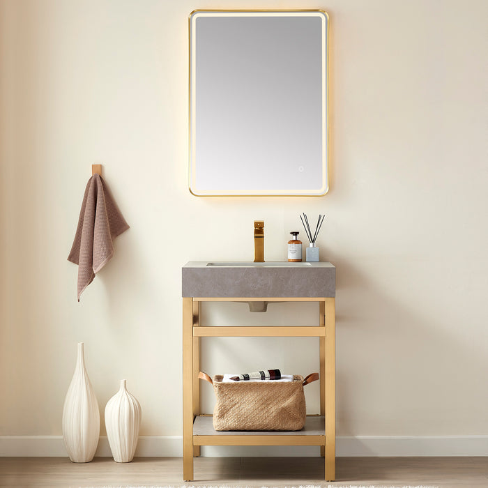 24-Inch Jovia Vanity Set – Gold Metal Stand with Grey Stone Surface & Compact Design with Mirror