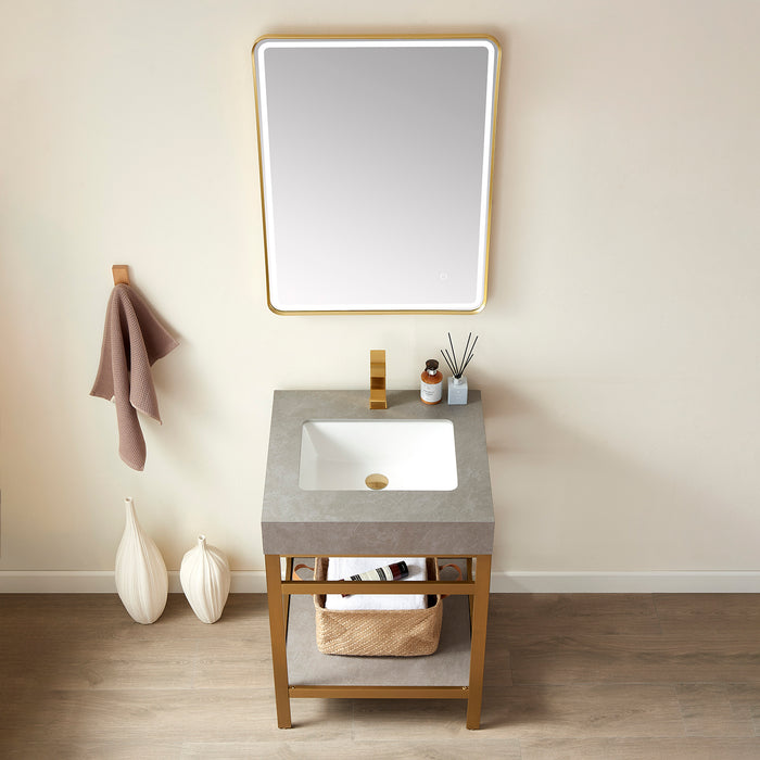 24-Inch Jovia Vanity Set – Gold Metal Stand with Grey Stone Surface & Compact Design with Mirror