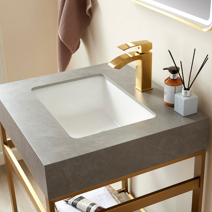 24-Inch Jovia Vanity Set – Gold Metal Stand with Grey Stone Surface & Compact Design with Mirror