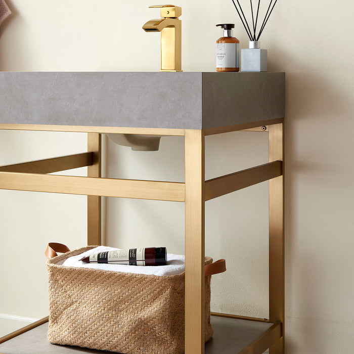 24-Inch Jovia Vanity Set – Gold Metal Stand with Grey Stone Surface & Compact Design with Mirror