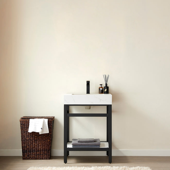 24-Inch Illume Modern Vanity – Black Metal Structure with White Sintered Countertop & Small Single Sink Design