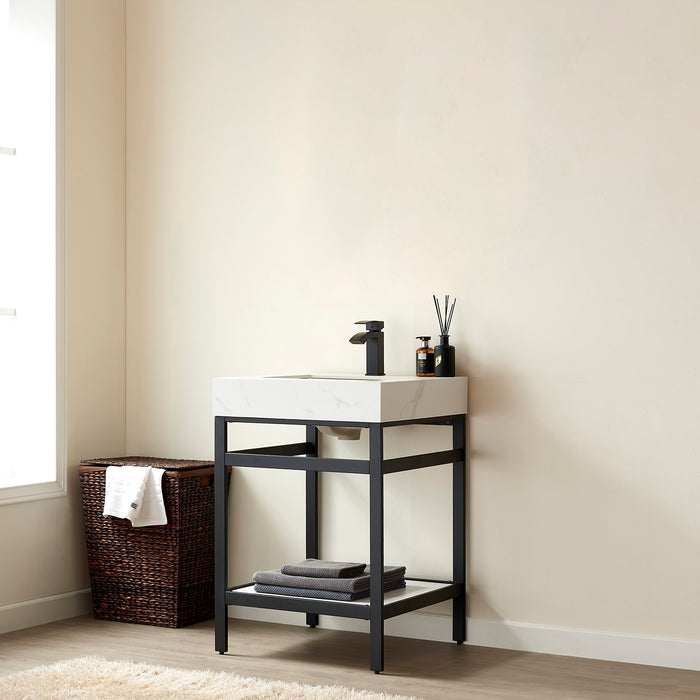 24-Inch Illume Modern Vanity – Black Metal Structure with White Sintered Countertop & Small Single Sink Design