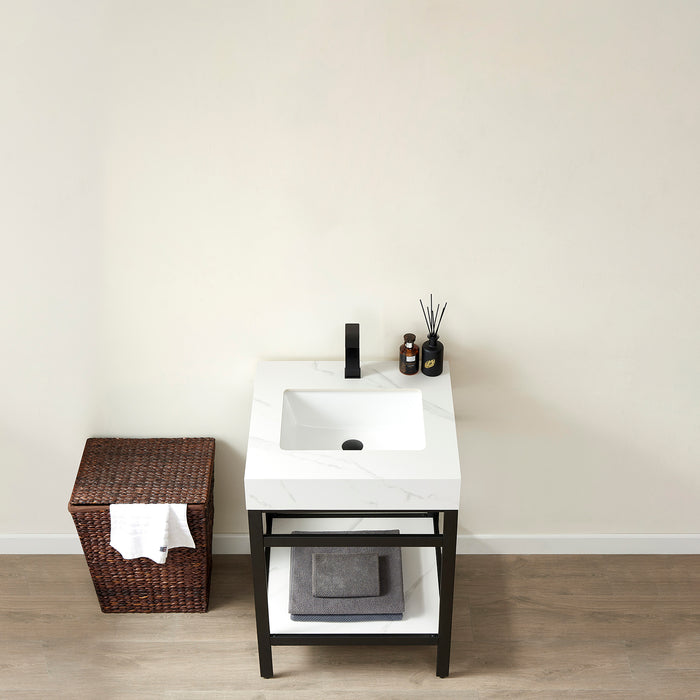 24-Inch Illume Modern Vanity – Black Metal Structure with White Sintered Countertop & Small Single Sink Design