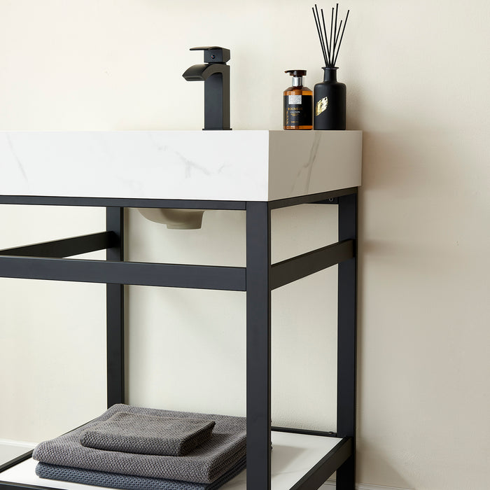 24-Inch Illume Modern Vanity – Black Metal Structure with White Sintered Countertop & Small Single Sink Design