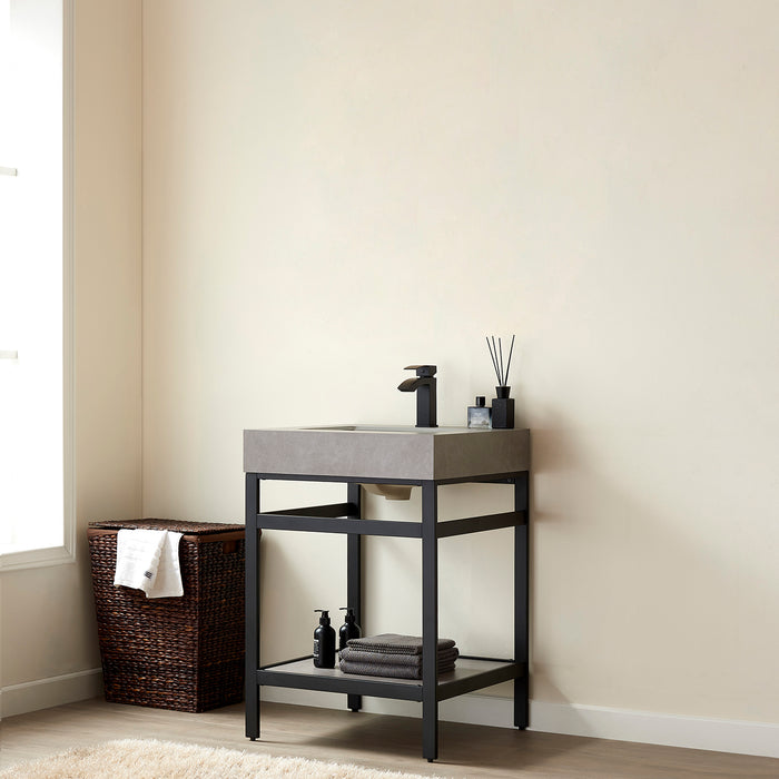24-Inch Icarus Bathroom Vanity – Black Metal Structure with Grey Stone Surface & Space-Saving Sink