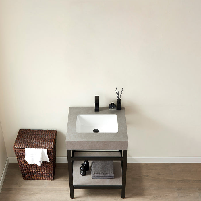 24-Inch Icarus Bathroom Vanity – Black Metal Structure with Grey Stone Surface & Space-Saving Sink