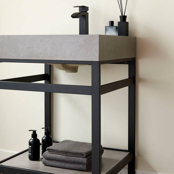 24-Inch Icarus Bathroom Vanity – Black Metal Structure with Grey Stone Surface & Space-Saving Sink