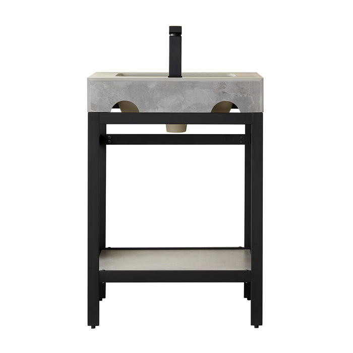 24-Inch Icarus Bathroom Vanity – Black Metal Structure with Grey Stone Surface & Space-Saving Sink