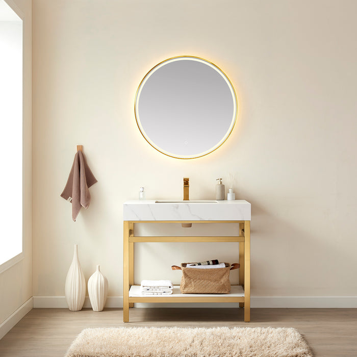 36-Inch Jasper Single Sink Vanity Set – Brushed Gold Base with White Sintered Surface & Matching Mirror