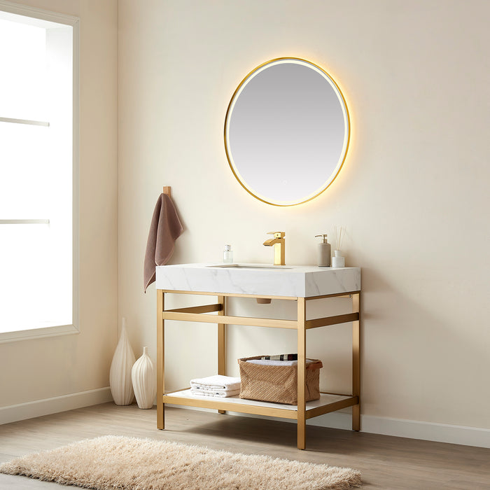 36-Inch Jasper Single Sink Vanity Set – Brushed Gold Base with White Sintered Surface & Matching Mirror