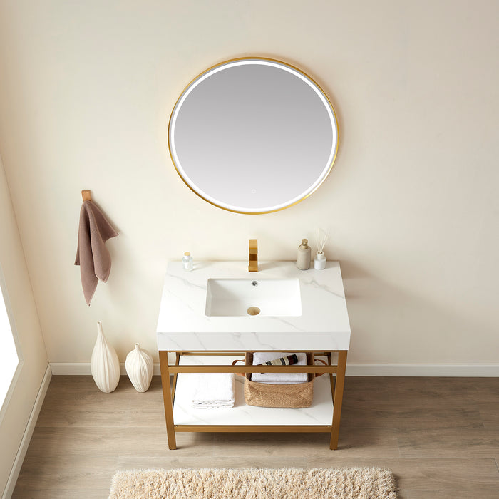 36-Inch Jasper Single Sink Vanity Set – Brushed Gold Base with White Sintered Surface & Matching Mirror