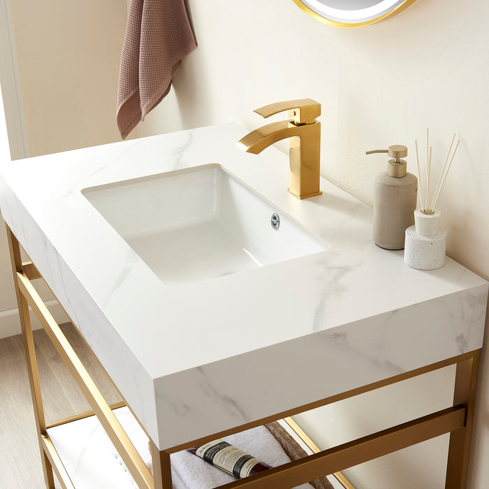 36-Inch Jasper Single Sink Vanity Set – Brushed Gold Base with White Sintered Surface & Matching Mirror
