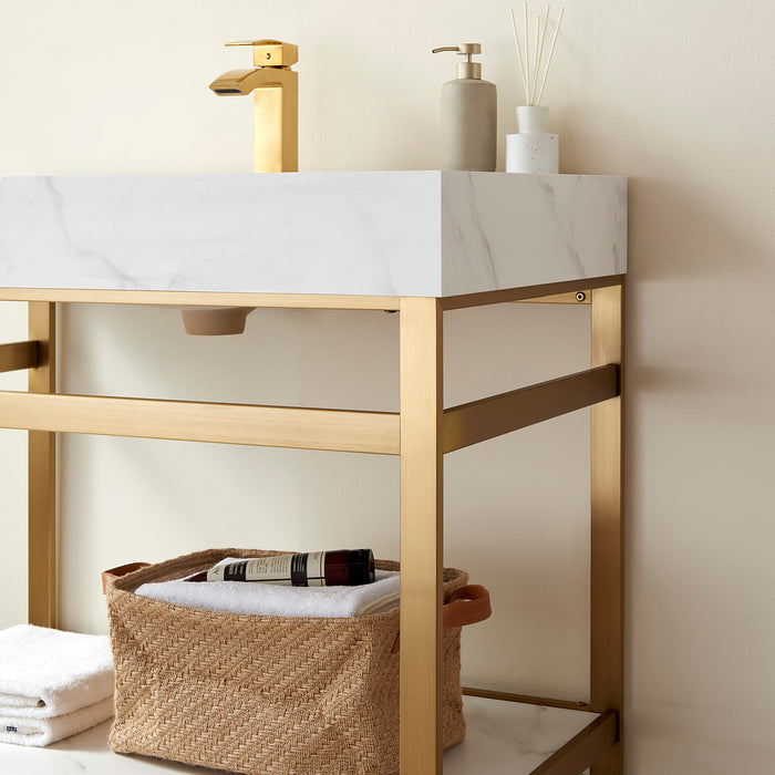 36-Inch Jasper Single Sink Vanity Set – Brushed Gold Base with White Sintered Surface & Matching Mirror