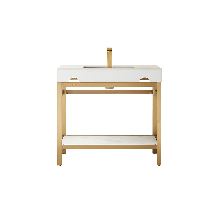 36-Inch Jasper Single Sink Vanity Set – Brushed Gold Base with White Sintered Surface & Matching Mirror