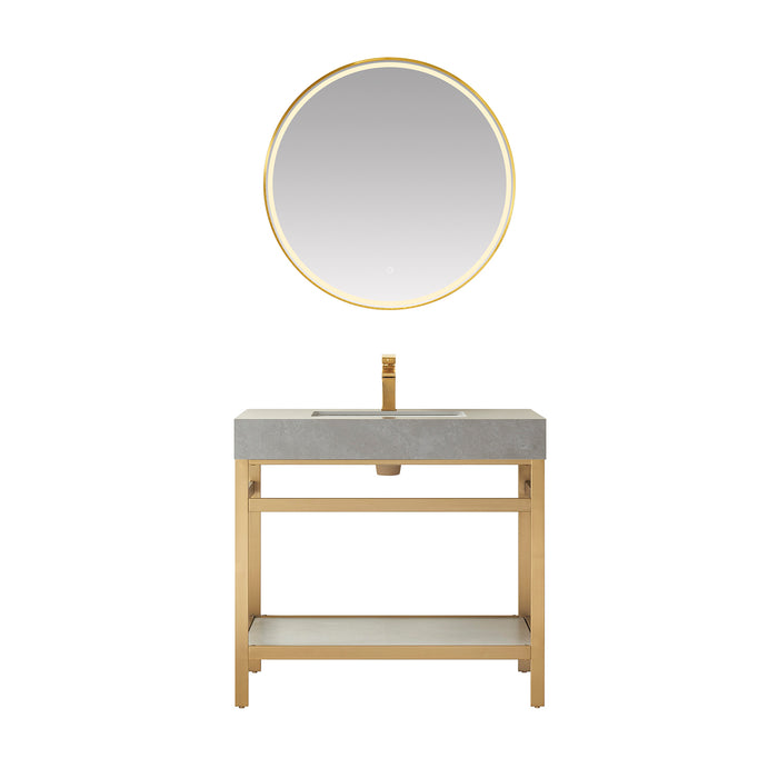36 Inch Inizio Single Sink Vanity Set – Brushed Gold Open Base with Grey Sintered Top & Matching Mirror