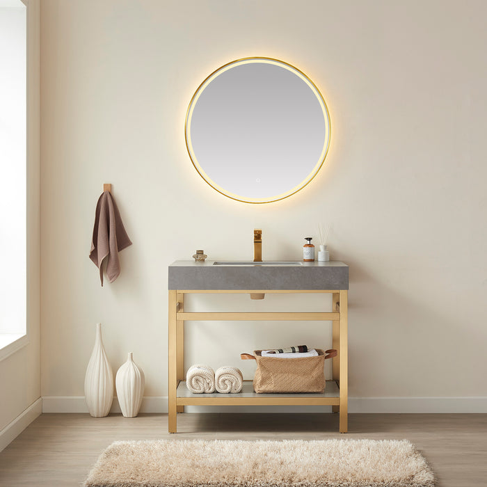 36 Inch Inizio Single Sink Vanity Set – Brushed Gold Open Base with Grey Sintered Top & Matching Mirror