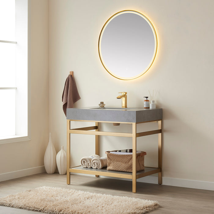 36 Inch Inizio Single Sink Vanity Set – Brushed Gold Open Base with Grey Sintered Top & Matching Mirror