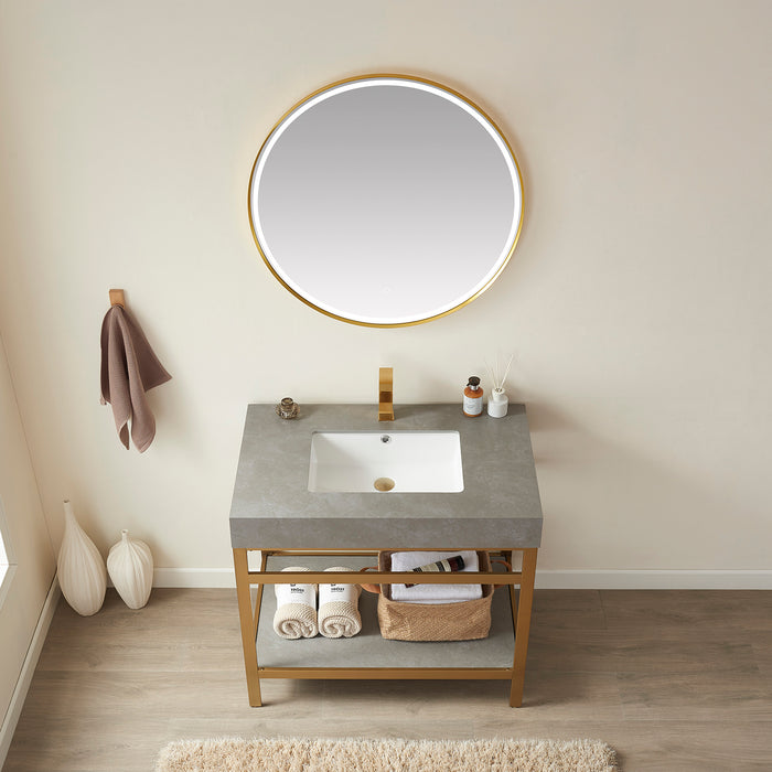 36 Inch Inizio Single Sink Vanity Set – Brushed Gold Open Base with Grey Sintered Top & Matching Mirror