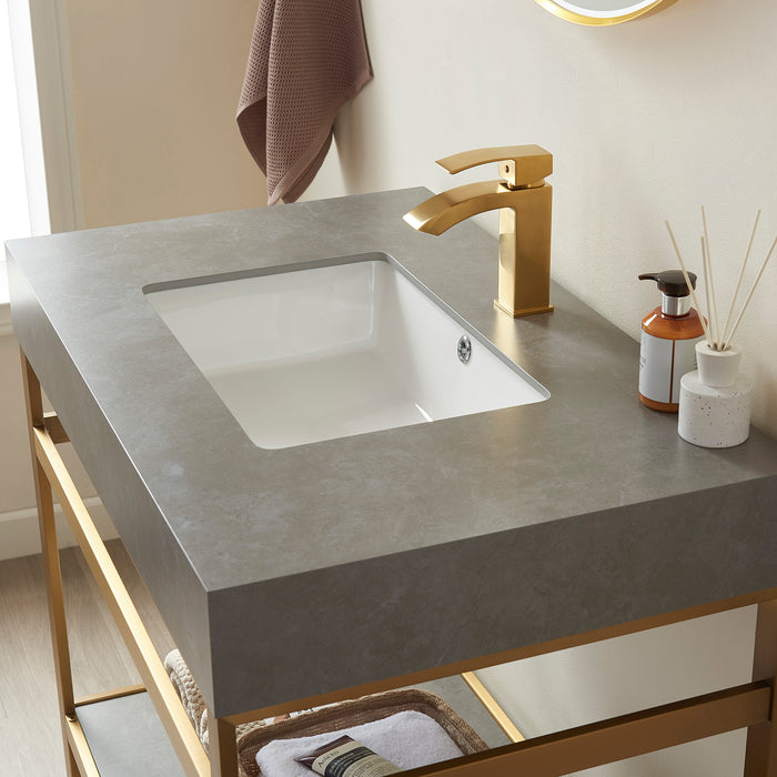 36 Inch Inizio Single Sink Vanity Set – Brushed Gold Open Base with Grey Sintered Top & Matching Mirror