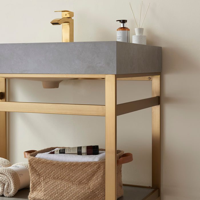 36 Inch Inizio Single Sink Vanity Set – Brushed Gold Open Base with Grey Sintered Top & Matching Mirror