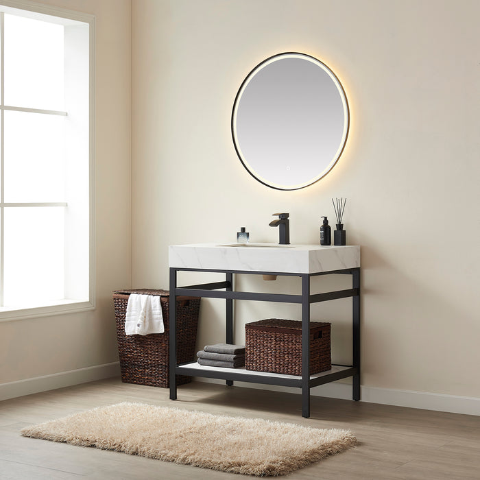 36-Inch Lattice Bathroom Vanity – Matte Black Open Frame with White Stone Surface with Mirror Set