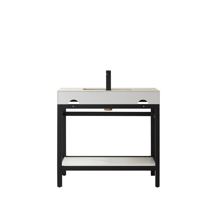 36-Inch Lattice Bathroom Vanity – Matte Black Open Frame with White Stone Surface with Mirror Set