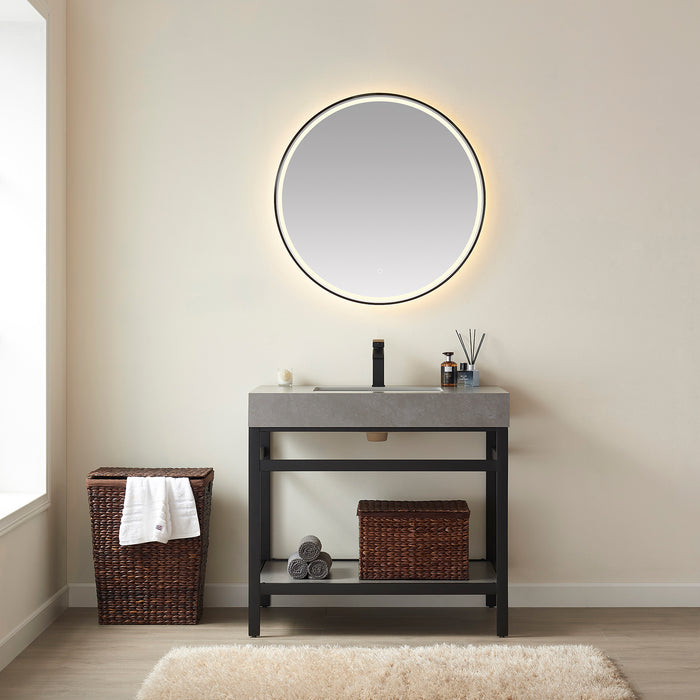 36" Kismet Vanity Set – Black Open Metal Frame with Grey Sintered Countertop & Space-Saving with Mirror