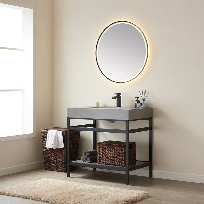 36" Kismet Vanity Set – Black Open Metal Frame with Grey Sintered Countertop & Space-Saving with Mirror