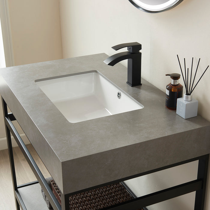 36" Kismet Vanity Set – Black Open Metal Frame with Grey Sintered Countertop & Space-Saving with Mirror