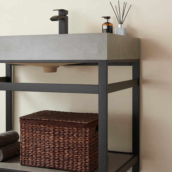 36" Kismet Vanity Set – Black Open Metal Frame with Grey Sintered Countertop & Space-Saving with Mirror