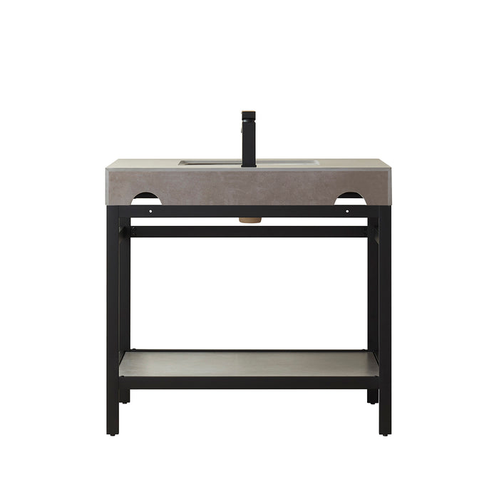 36" Kismet Vanity Set – Black Open Metal Frame with Grey Sintered Countertop & Space-Saving with Mirror