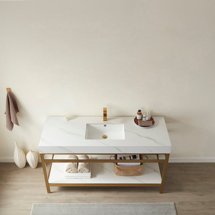 48-Inch Laurel Vanity – Brushed Gold with White Sintered Countertop & Spacious Single Sink Unit