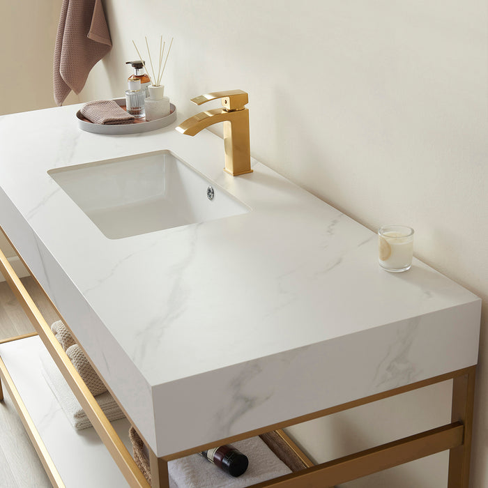 48-Inch Laurel Vanity – Brushed Gold with White Sintered Countertop & Spacious Single Sink Unit
