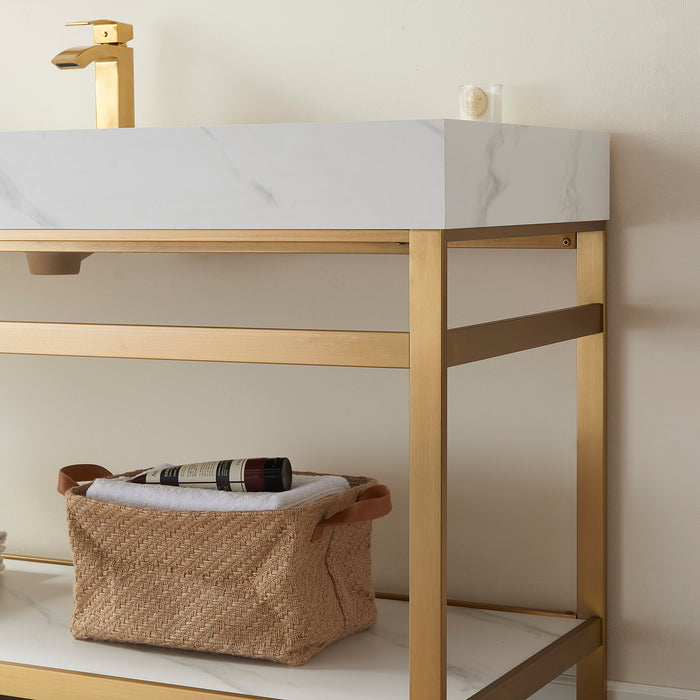 48-Inch Laurel Vanity – Brushed Gold with White Sintered Countertop & Spacious Single Sink Unit