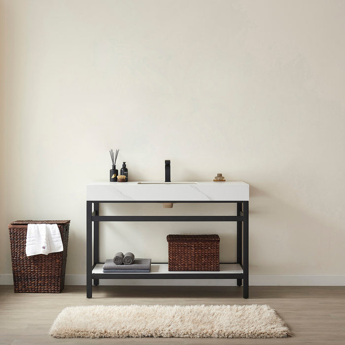 48-Inch Lento Bathroom Vanity – Matte Black Structure with White Stone Surface & Spacious Single Sink Unit