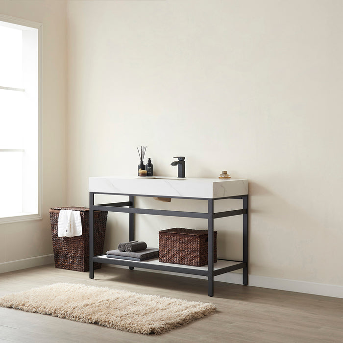 48-Inch Lento Bathroom Vanity – Matte Black Structure with White Stone Surface & Spacious Single Sink Unit