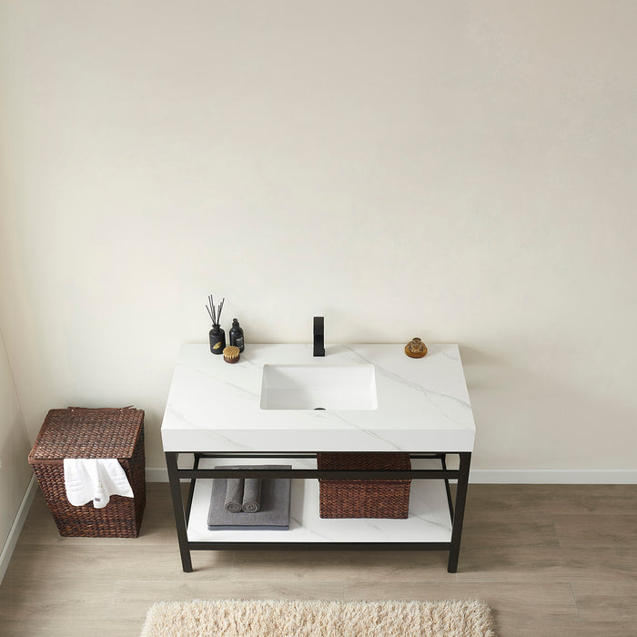 48-Inch Lento Bathroom Vanity – Matte Black Structure with White Stone Surface & Spacious Single Sink Unit