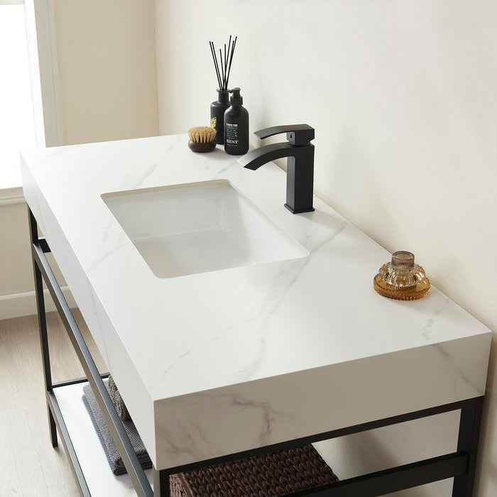 48-Inch Lento Bathroom Vanity – Matte Black Structure with White Stone Surface & Spacious Single Sink Unit