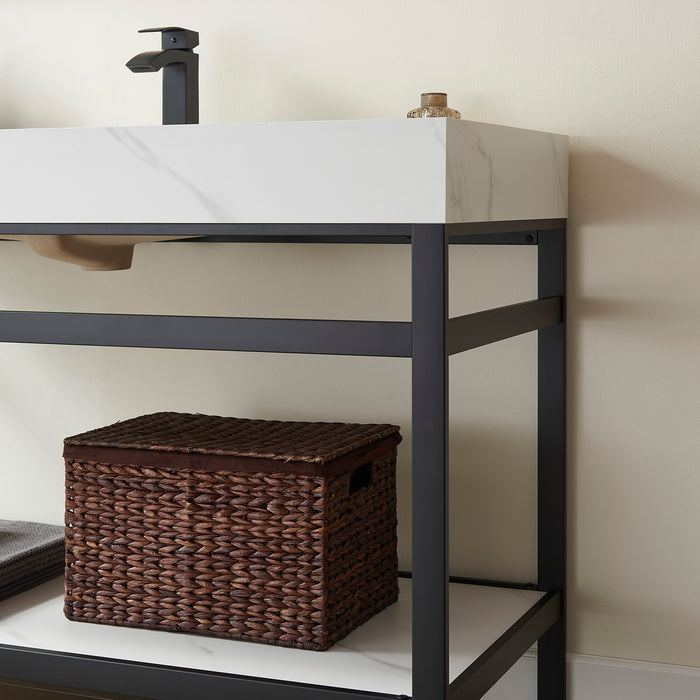 48-Inch Lento Bathroom Vanity – Matte Black Structure with White Stone Surface & Spacious Single Sink Unit