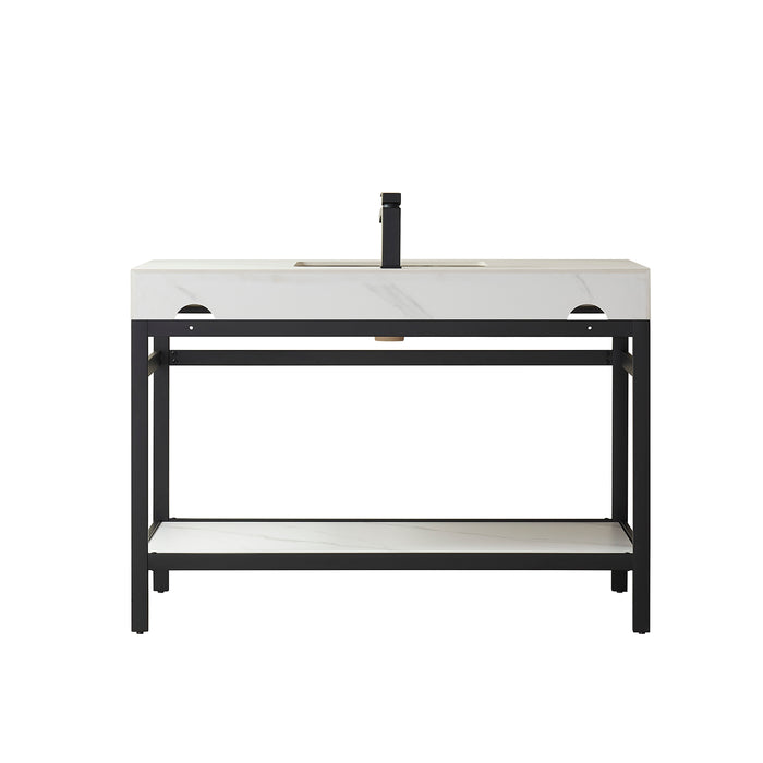 48-Inch Lento Bathroom Vanity – Matte Black Structure with White Stone Surface & Spacious Single Sink Unit