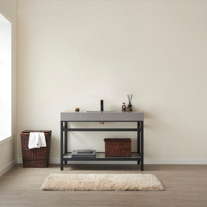 48-Inch Lavande Matte Black Metal Vanity – Grey Sintered Stone Top with Single Sink Design