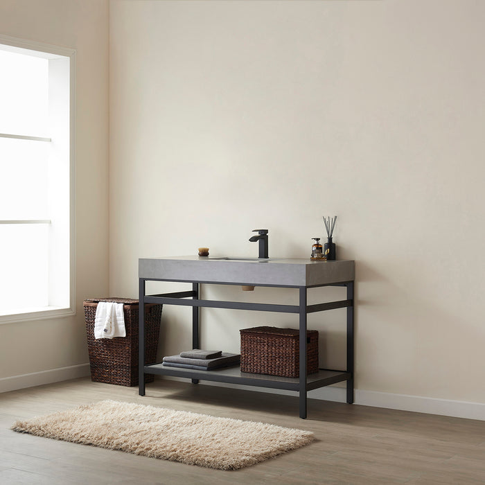 48-Inch Lavande Matte Black Metal Vanity – Grey Sintered Stone Top with Single Sink Design