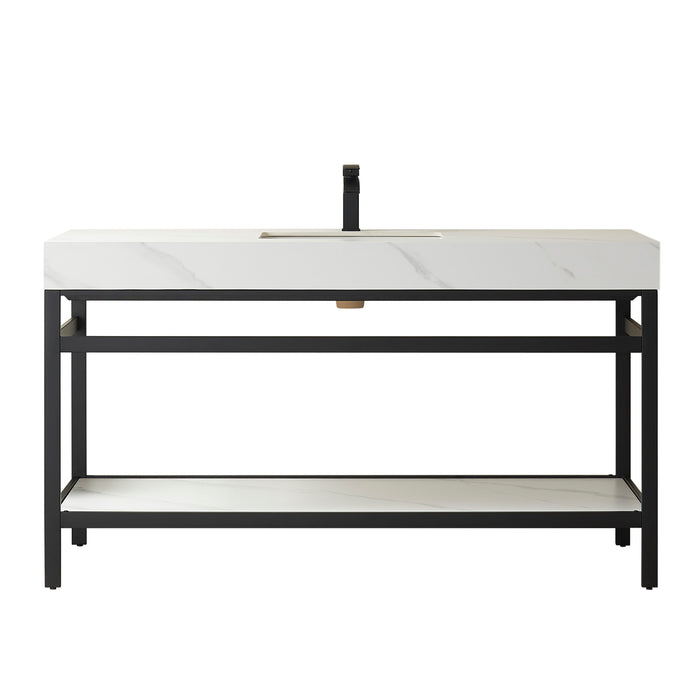 60-Inch Loft Single Sink Vanity Modern Matt Black Steel Frame White Sintered Stone Countertop