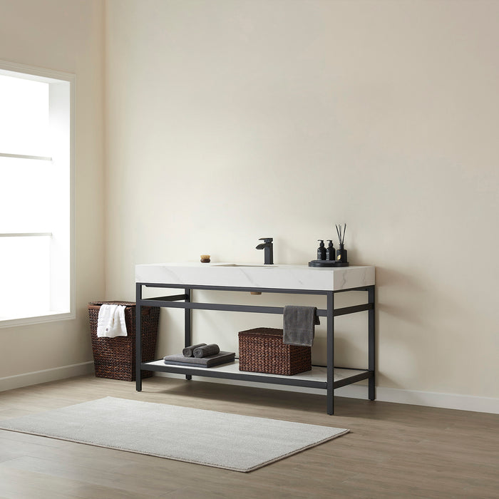 60-Inch Loft Single Sink Vanity Modern Matt Black Steel Frame White Sintered Stone Countertop